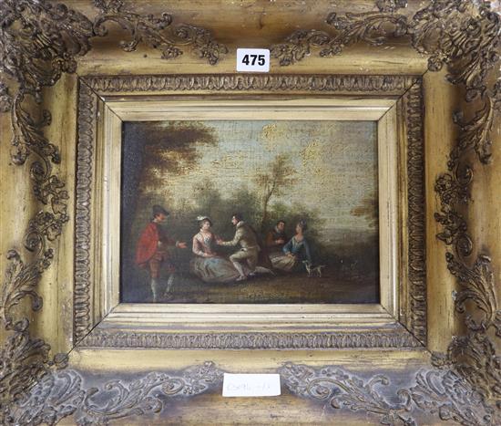 Continental School, oil on panel, 18th century figures in a landscape 18 x 25cm